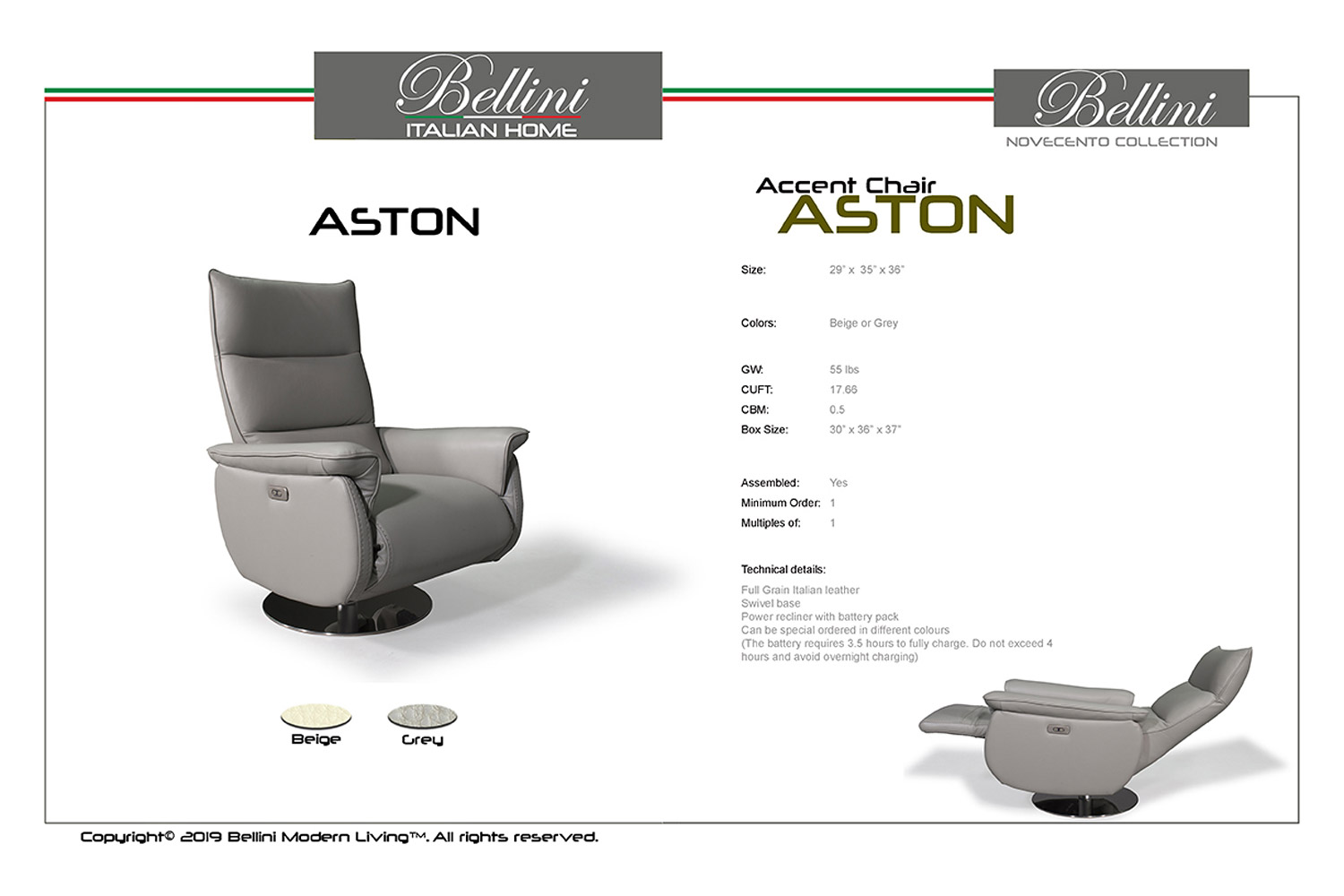 Bellini™ Aston Recliner Chair - Gray