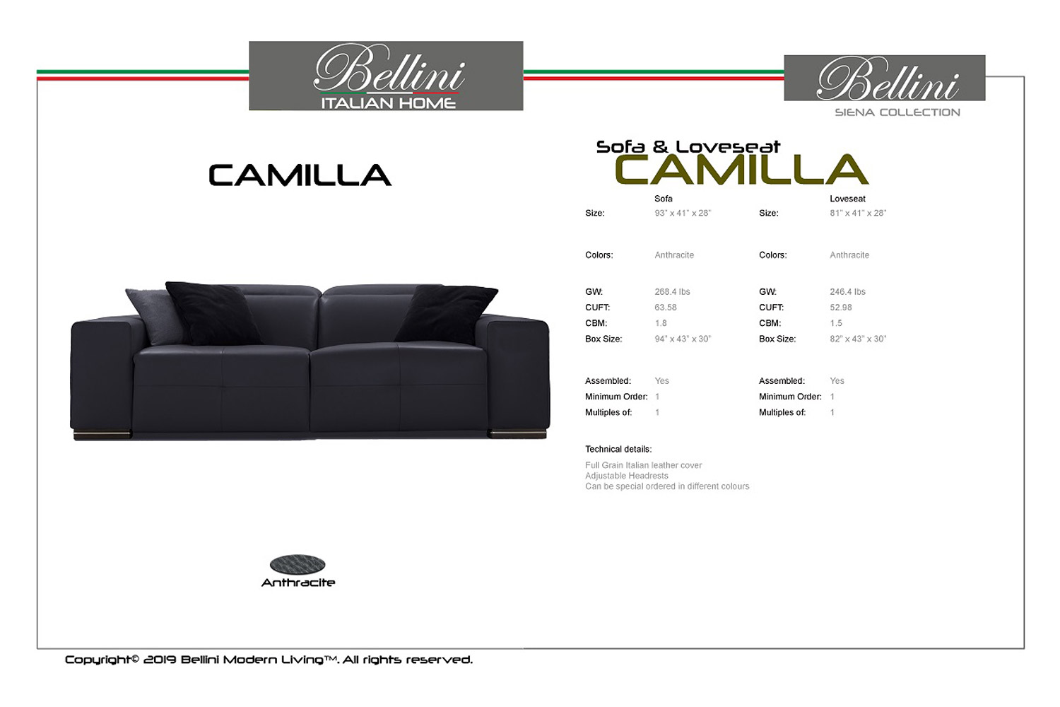 Bellini Camilla Motion Loveseat - Anthracite