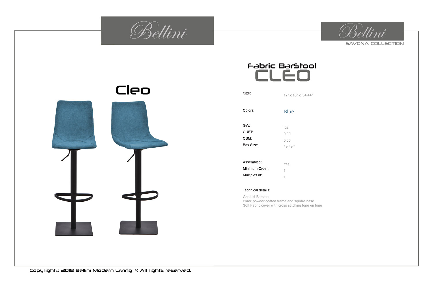 Bellini Cleo Hydraulic Barstool - Blue