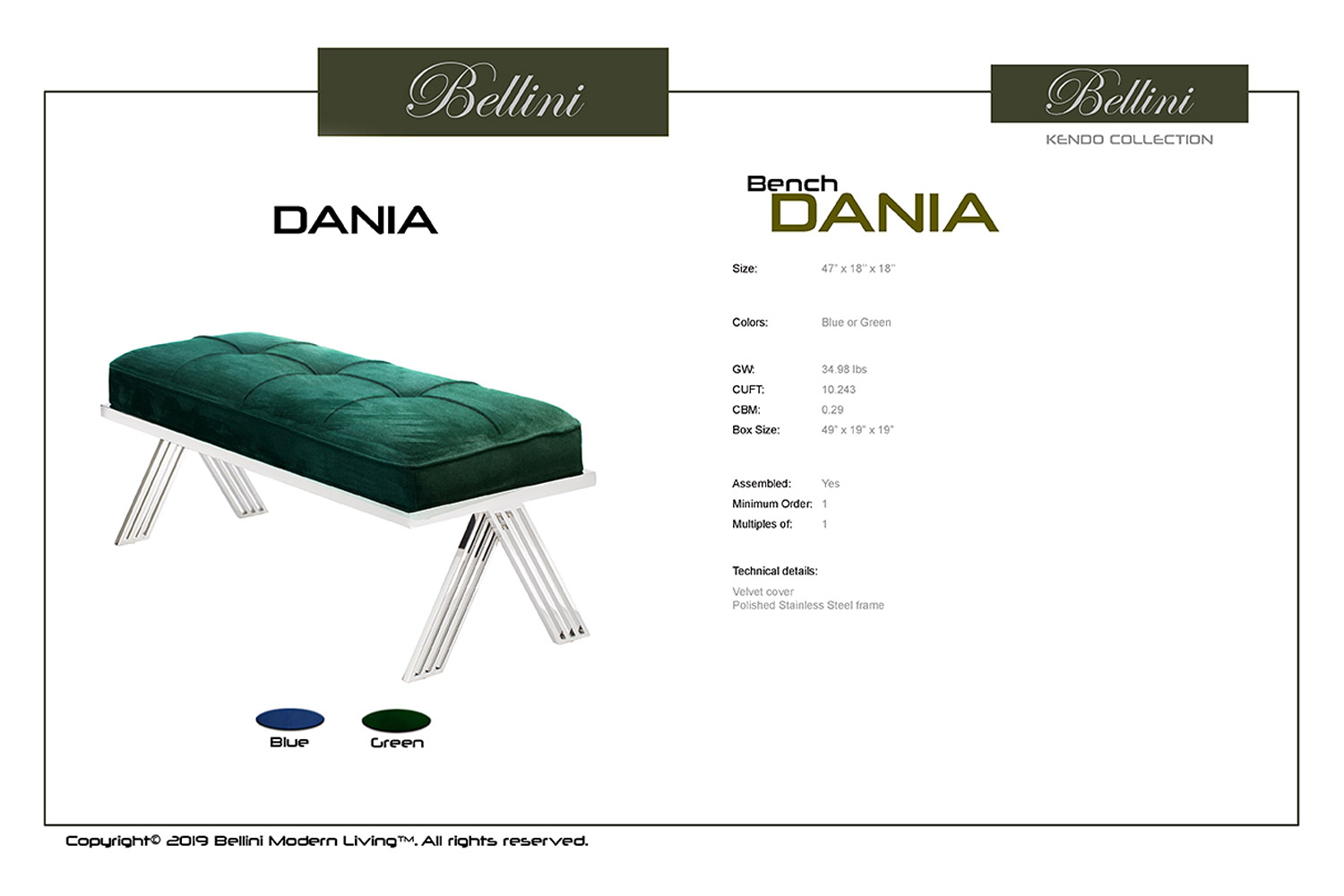 Bellini Dania Bench - Blue