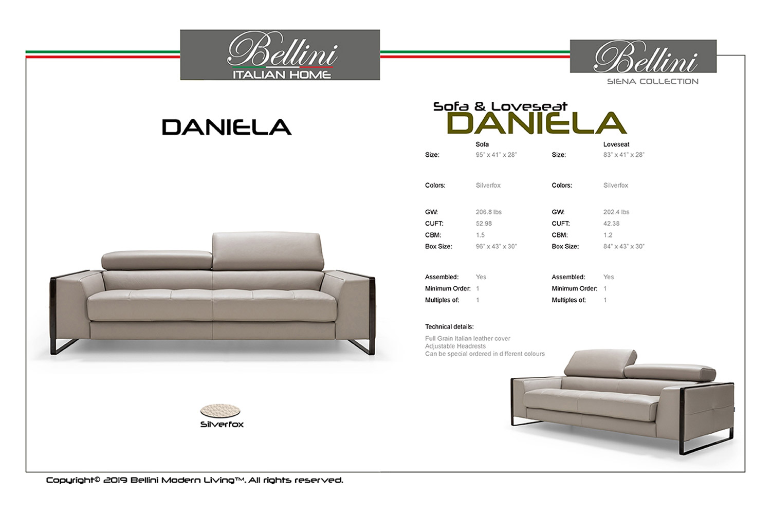 Bellini - Daniela Loveseat in Silverfox