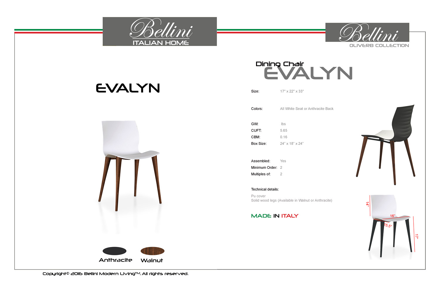 Bellini Evalyn Chair Set of 2 - White/Walnut