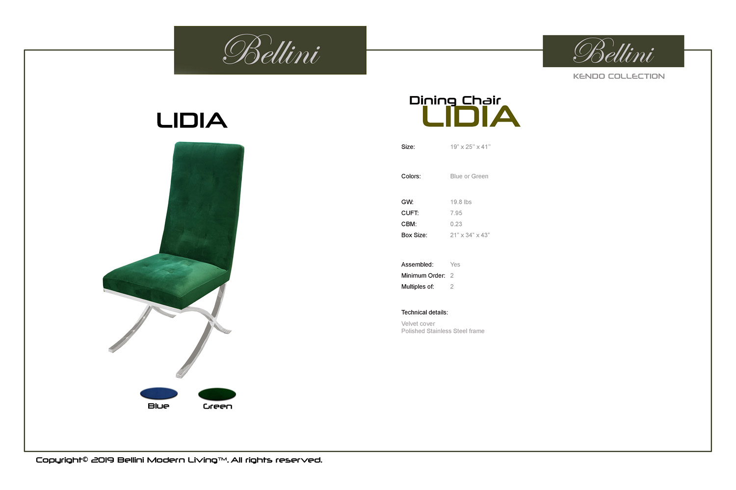 Bellini Lidia Dining Chair Set of 2 - Green