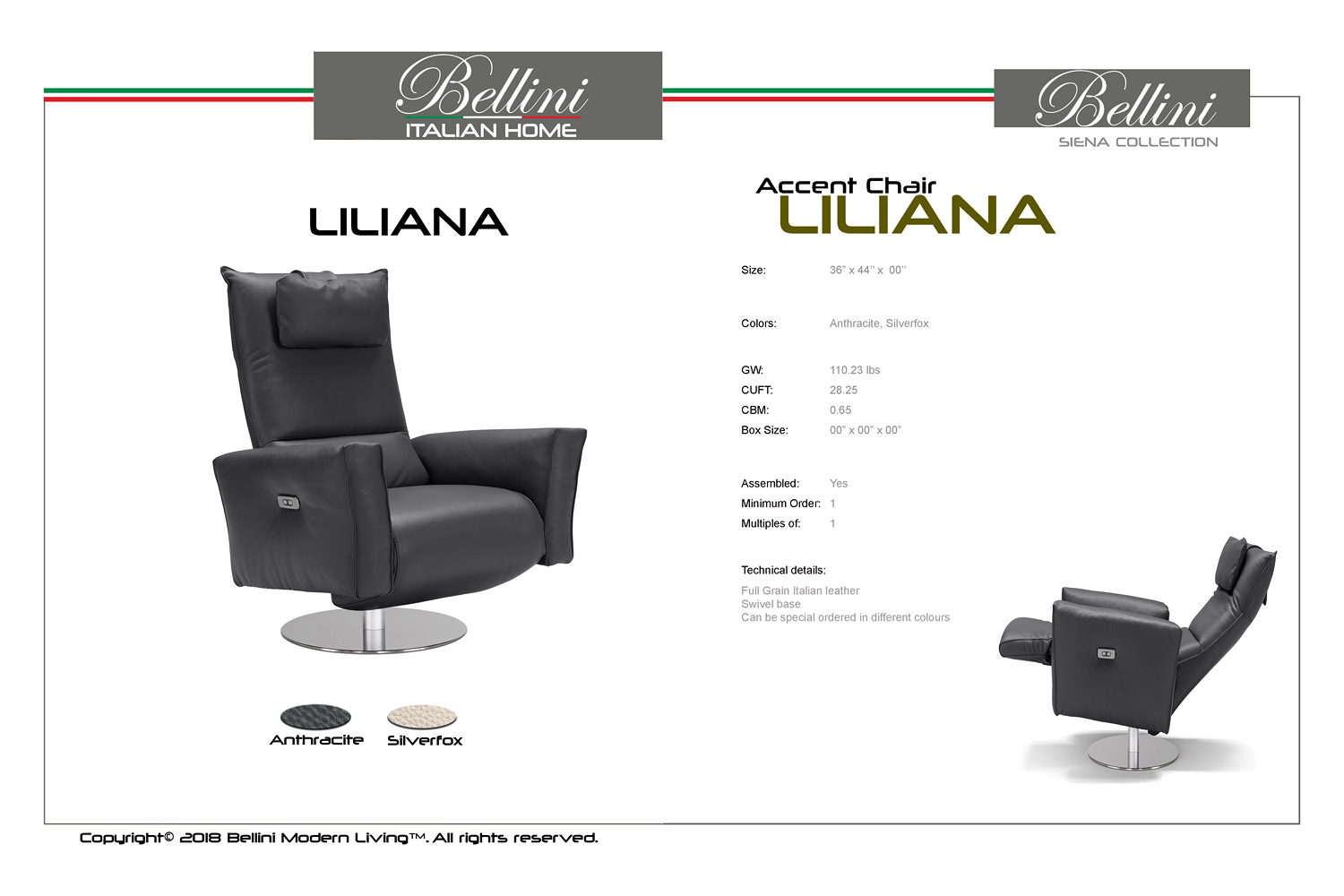 Bellini Liliana Recliner Accent Chair - Anthracite