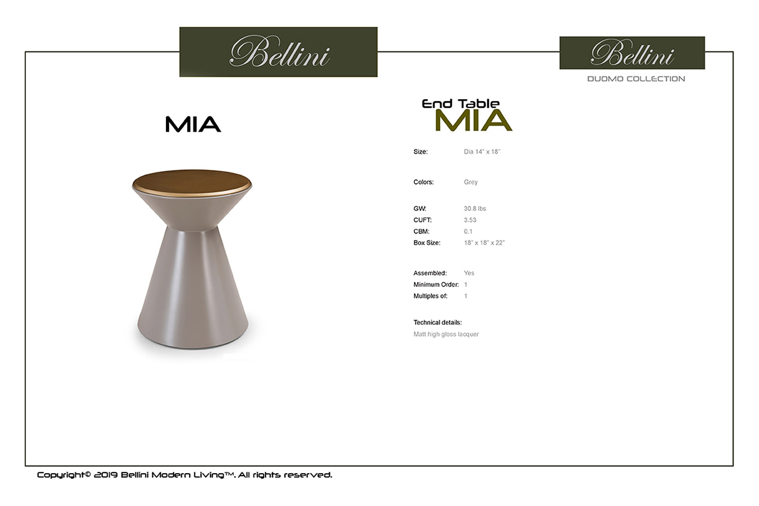 Bellini - Mia End Table in Gray