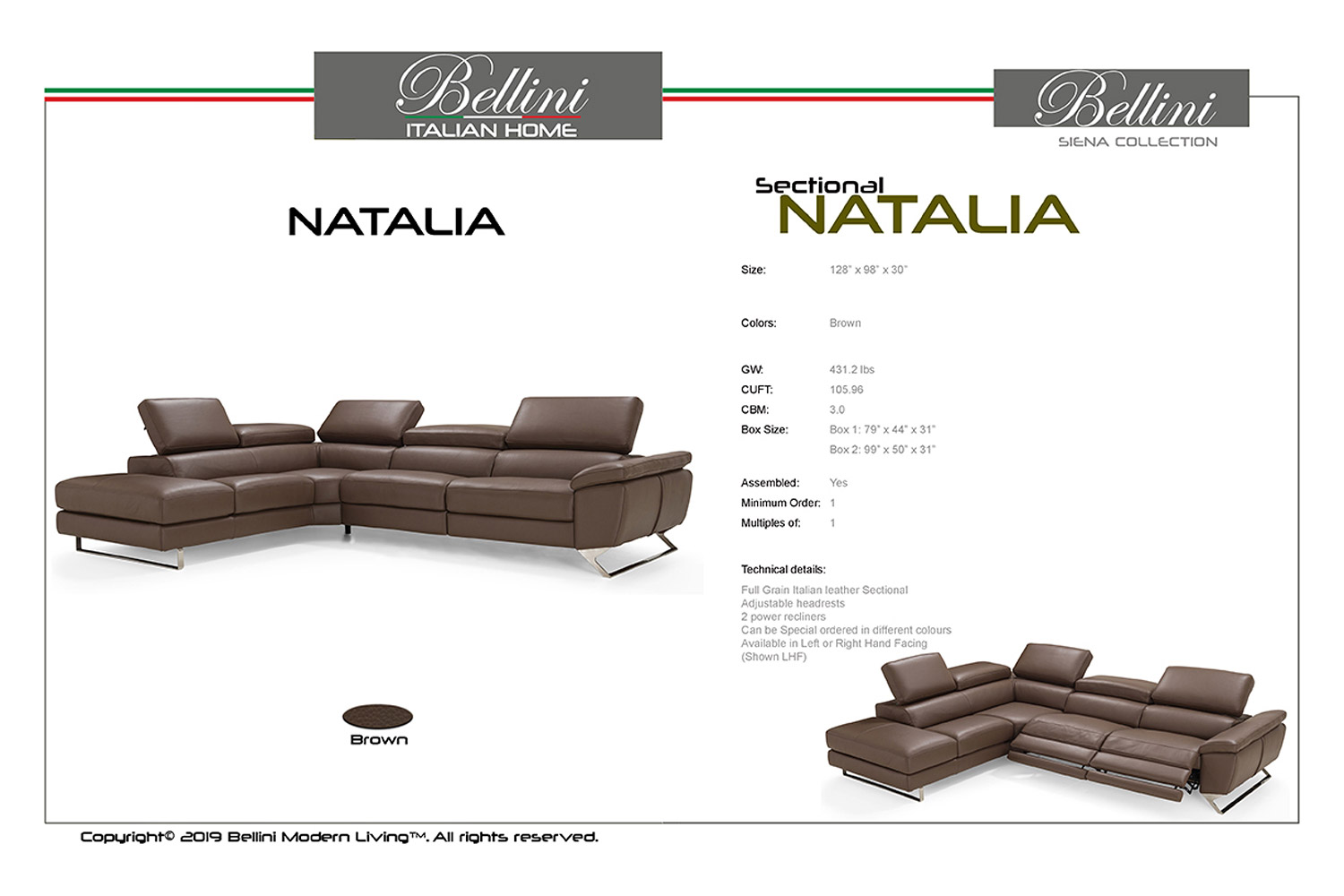 Bellini™ Natalia Sectional - Brown, Right Hand Facing