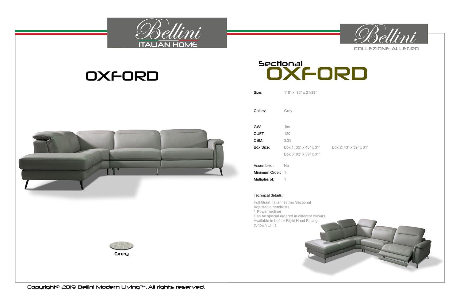 Bellini Oxford Sectional - White, Left Hand Facing