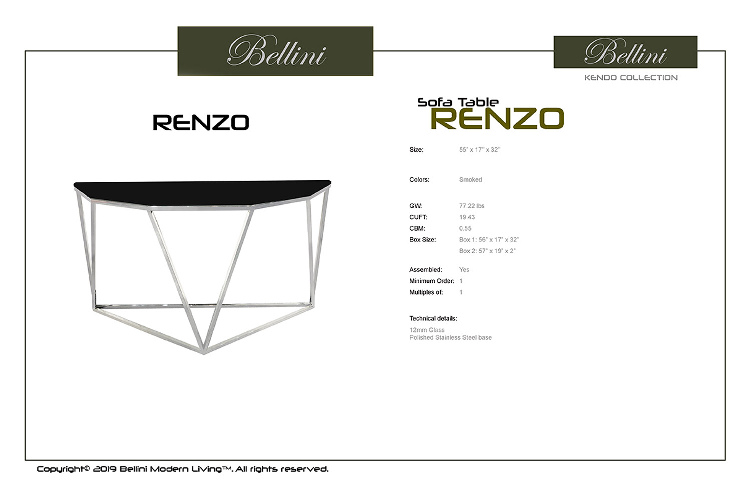 Bellini - Renzo Sofa Table in Smoked Glass