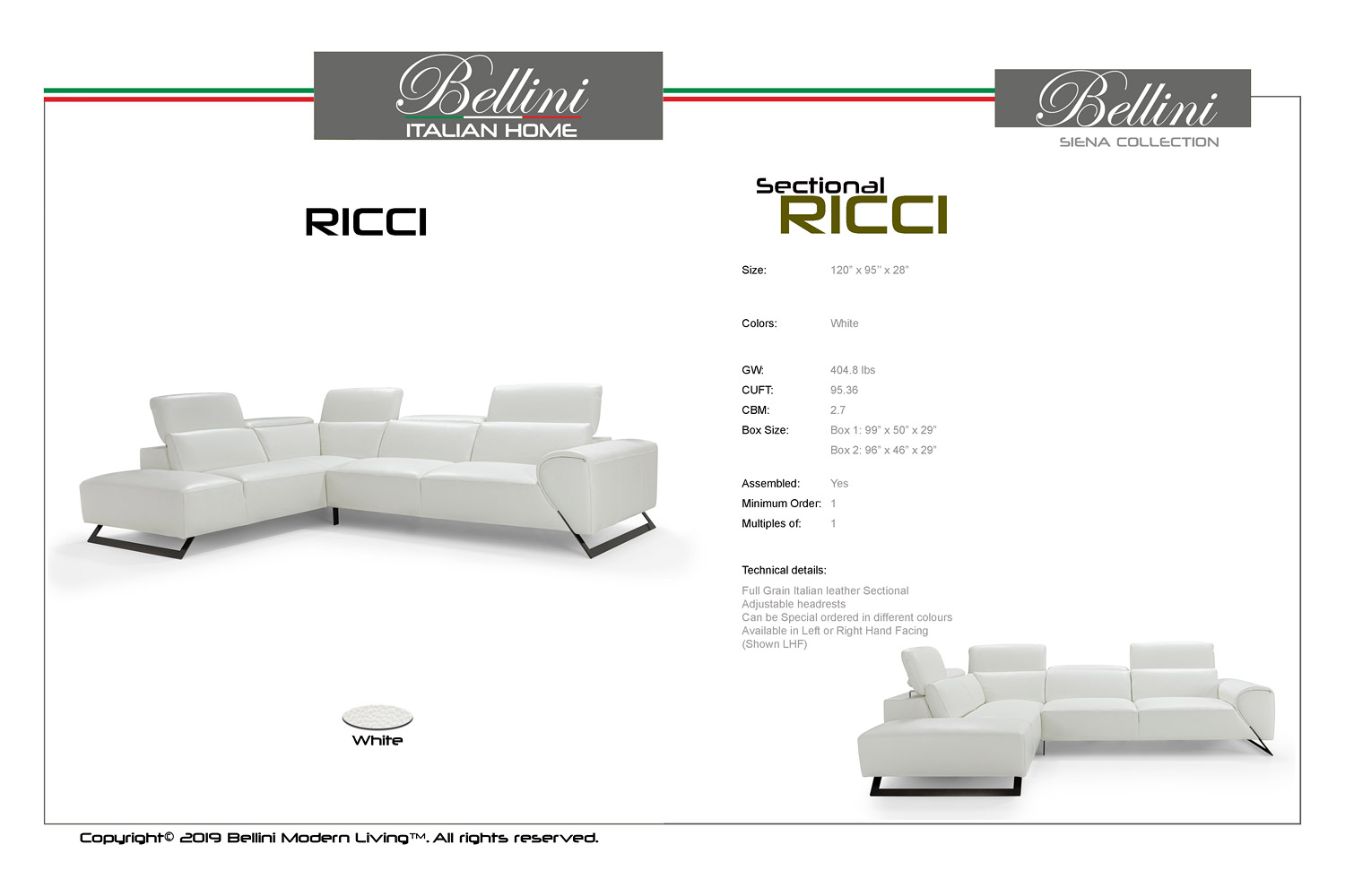 Bellini Ricci Sectional - White, Left Hand Facing