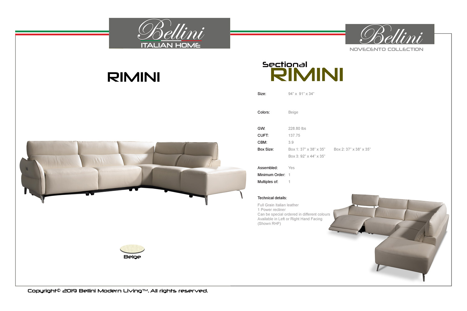 Bellini Rimini Sectional - Beige, Left Hand Facing