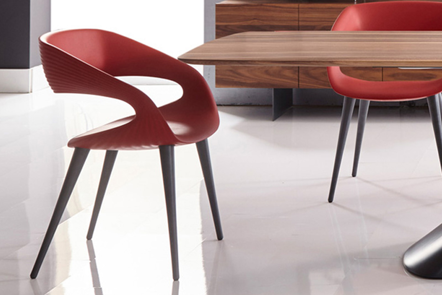 Bellini Shape Dining Chair - Red, with Wood legs