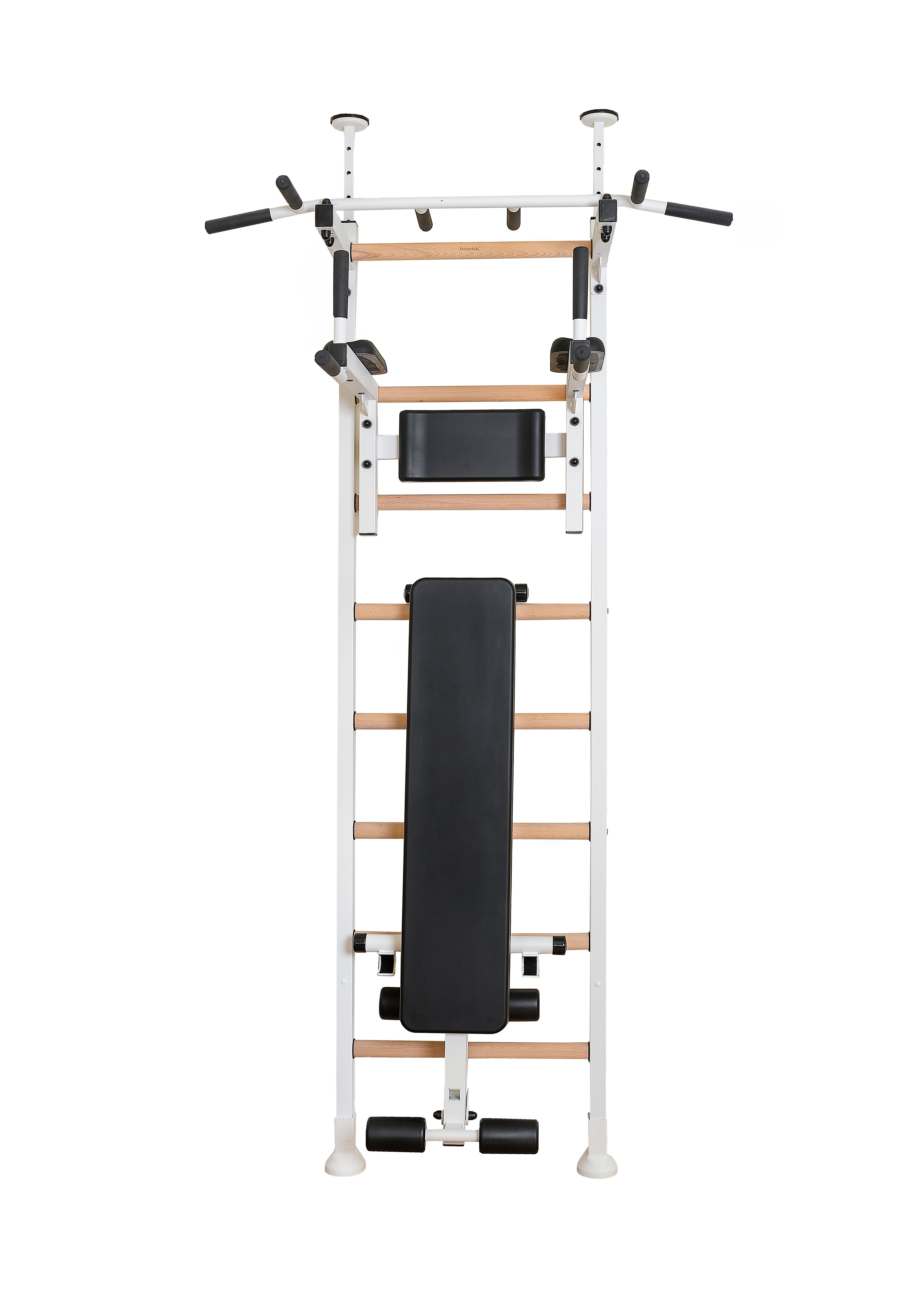 BenchK™ 523W Wall Bar with Pull-Up Bar, Dip Bar and Workout Bench - White/Wood