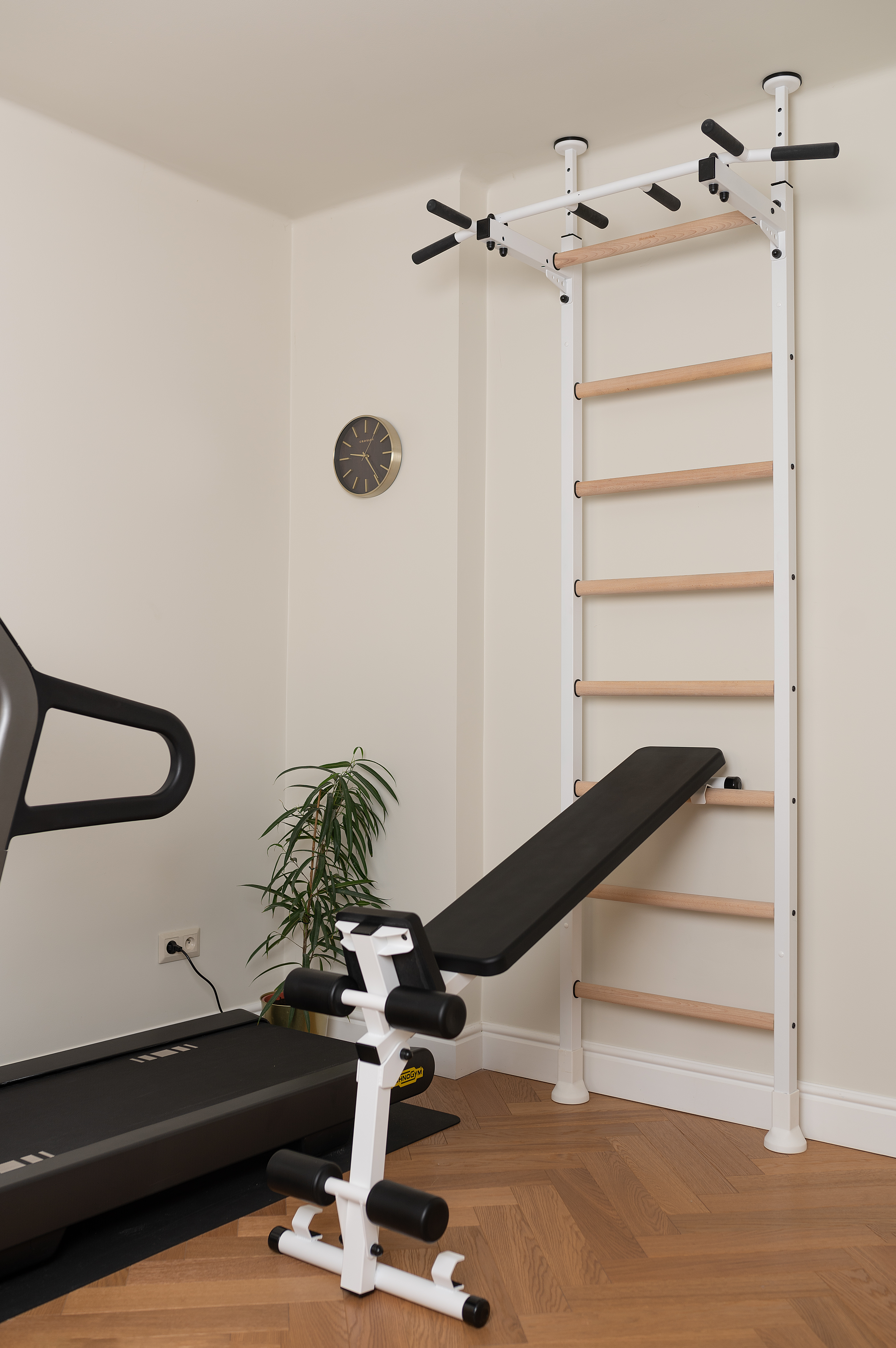 BenchK™ 523W Wall Bar with Pull-Up Bar, Dip Bar and Workout Bench - White/Wood