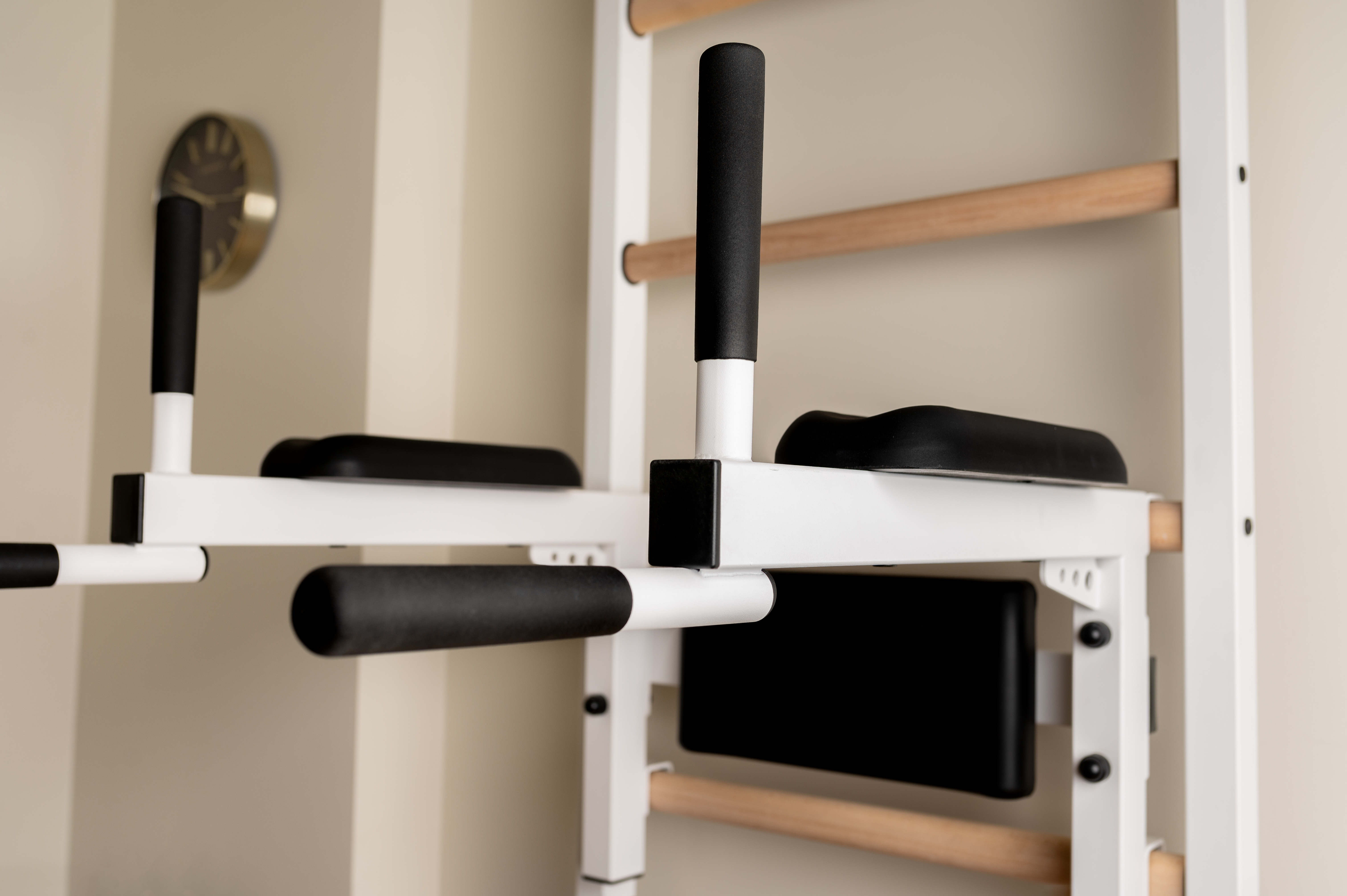 BenchK™ 523W Wall Bar with Pull-Up Bar, Dip Bar and Workout Bench - White/Wood