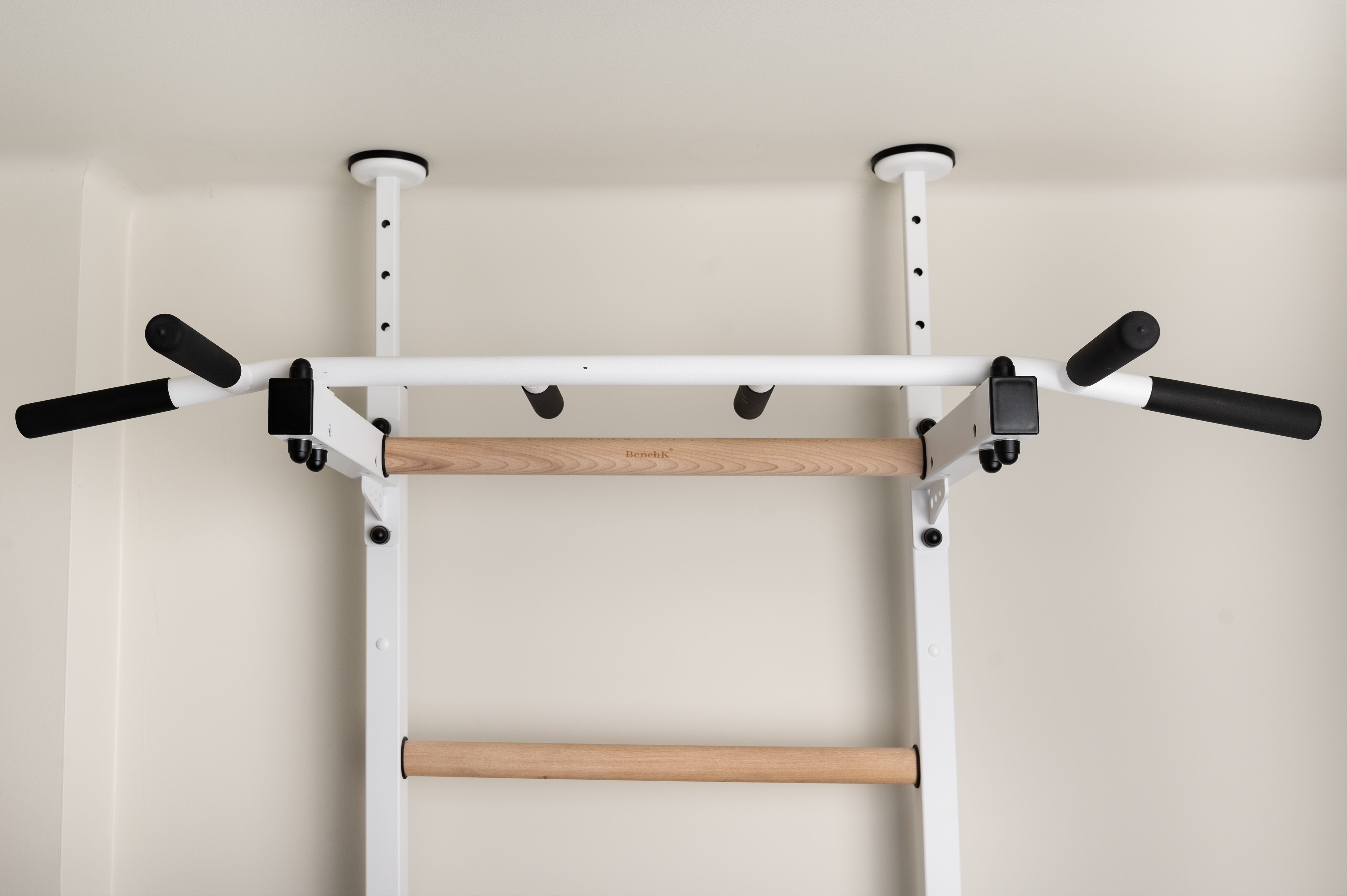 BenchK™ 523W Wall Bar with Pull-Up Bar, Dip Bar and Workout Bench - White/Wood