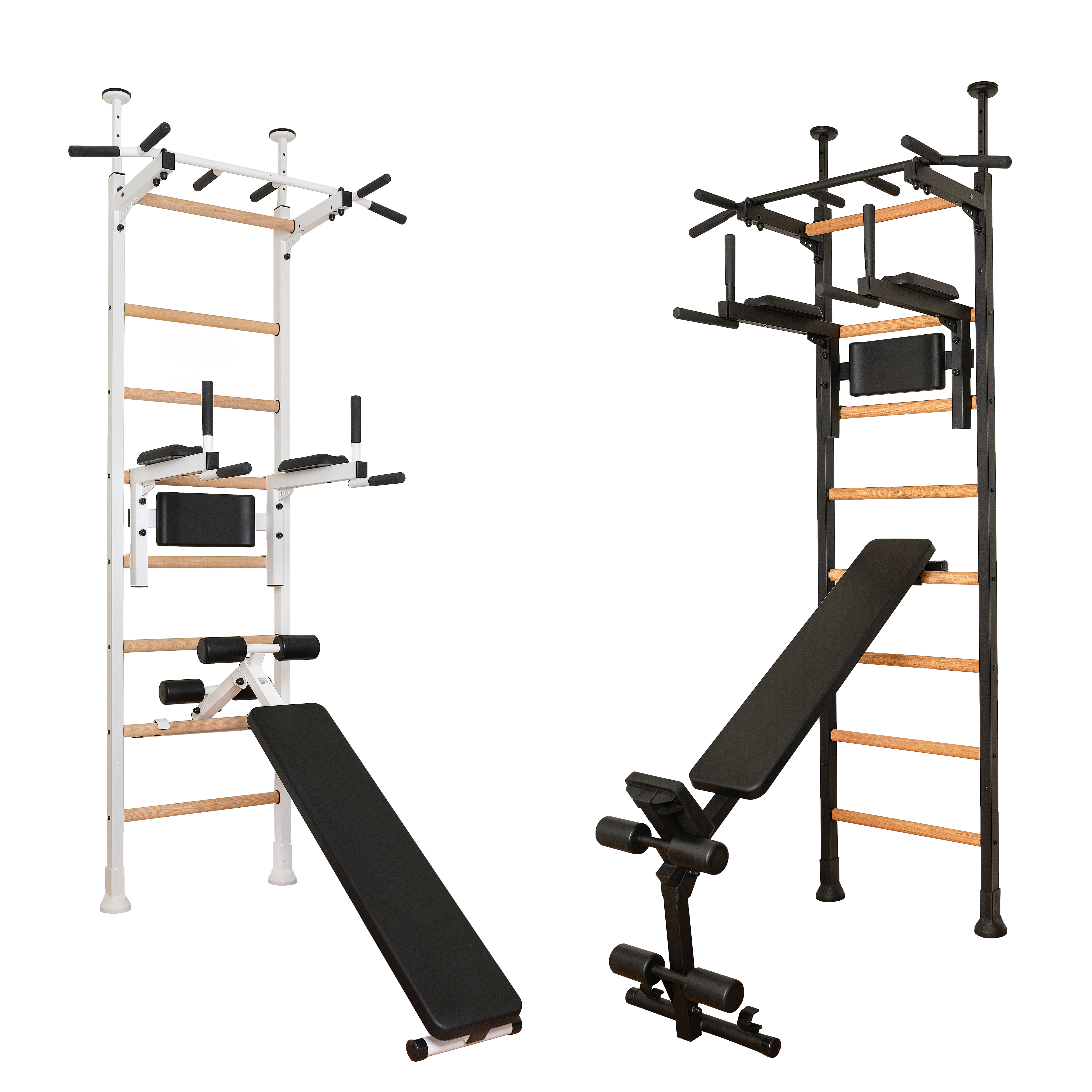 BenchK™ 523W Wall Bar with Pull-Up Bar, Dip Bar and Workout Bench - White/Wood