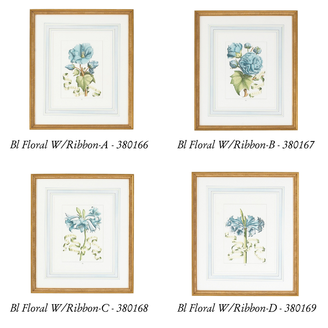 Chelsea House - Bl Floral W/Ribbon-A With French Mat in Gold Frame