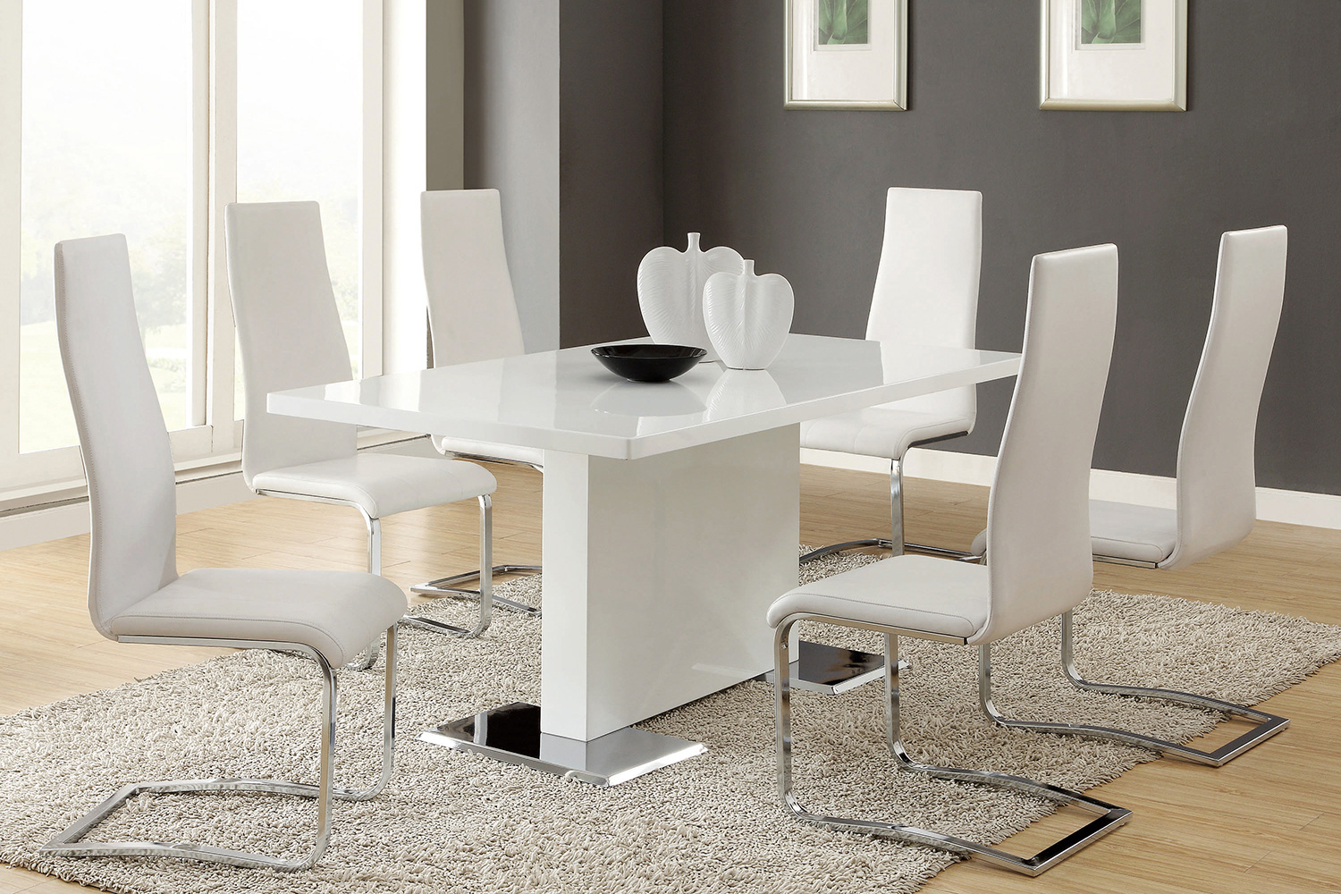 Coaster - Anges T-Shaped Pedestal Dining Table in Glossy White