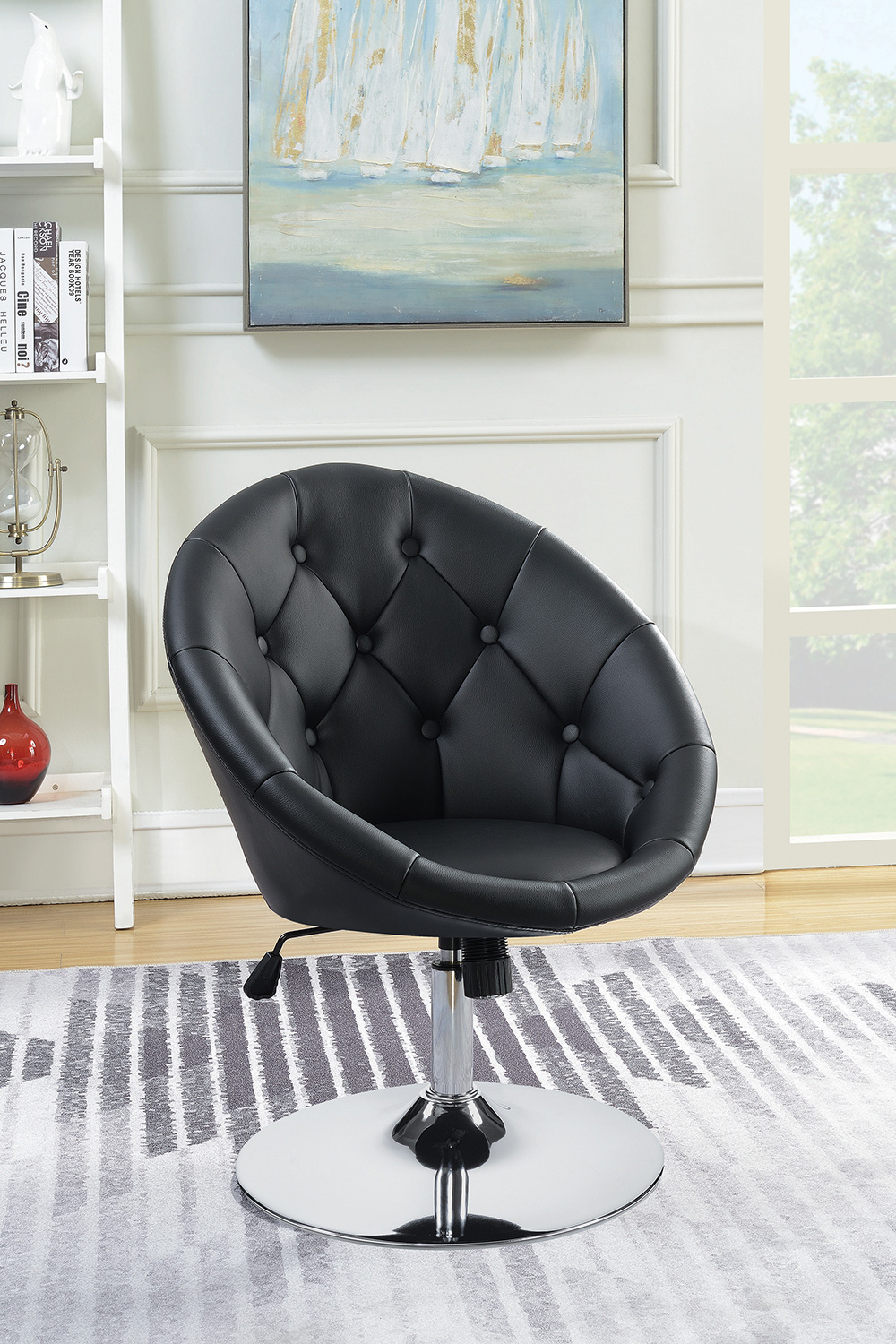 Coaster™ Round Tufted Swivel Chair - Black/Chrome