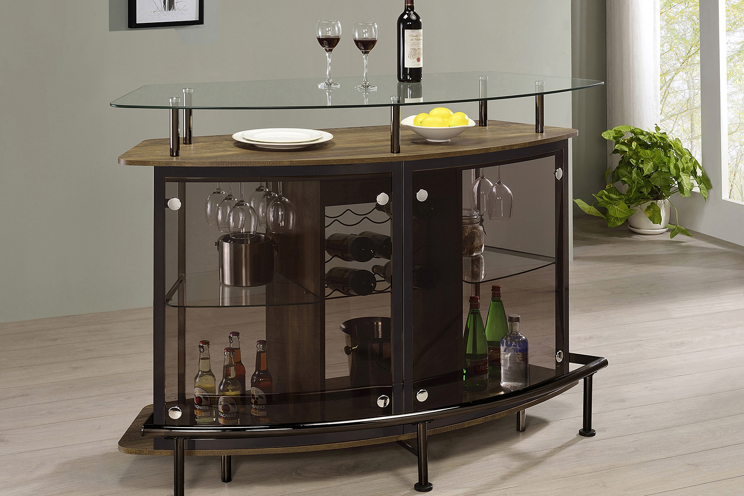 Coaster Crescent Shaped Glass Top Bar Unit with Drawer - Brown Oak