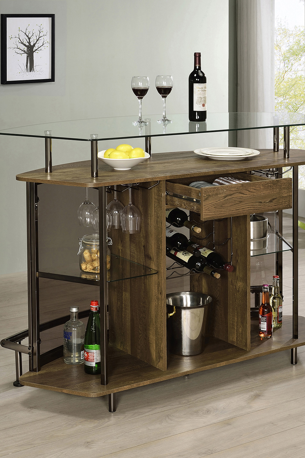 Coaster Crescent Shaped Glass Top Bar Unit with Drawer - Brown Oak