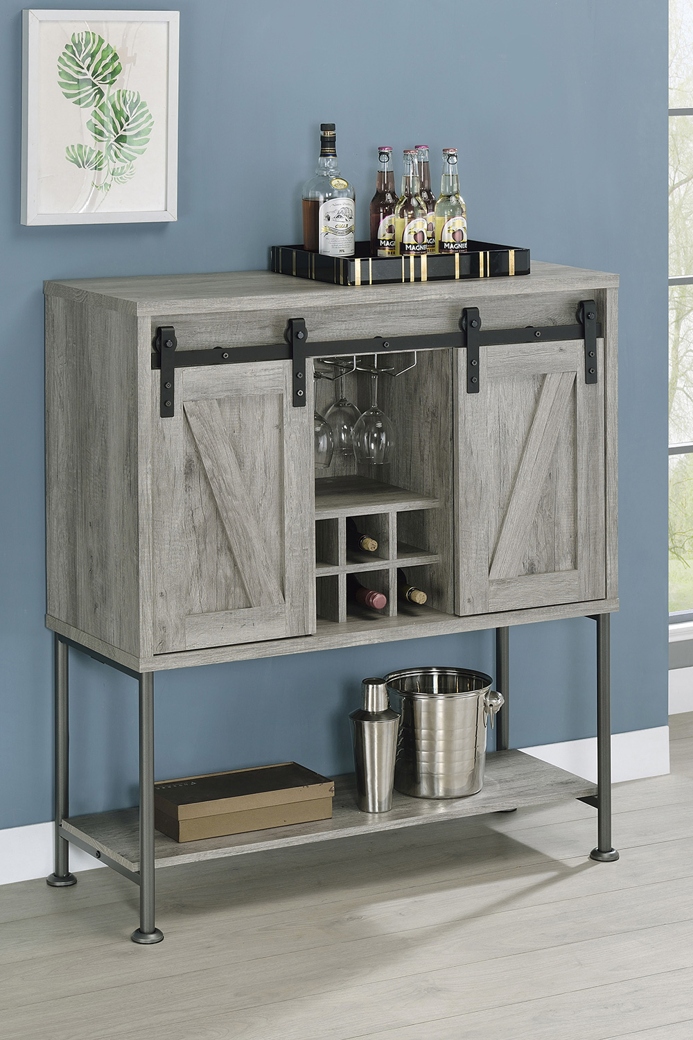 Coaster - Sliding Door Bar Cabinet With Lower Shelf in Gray Driftwood