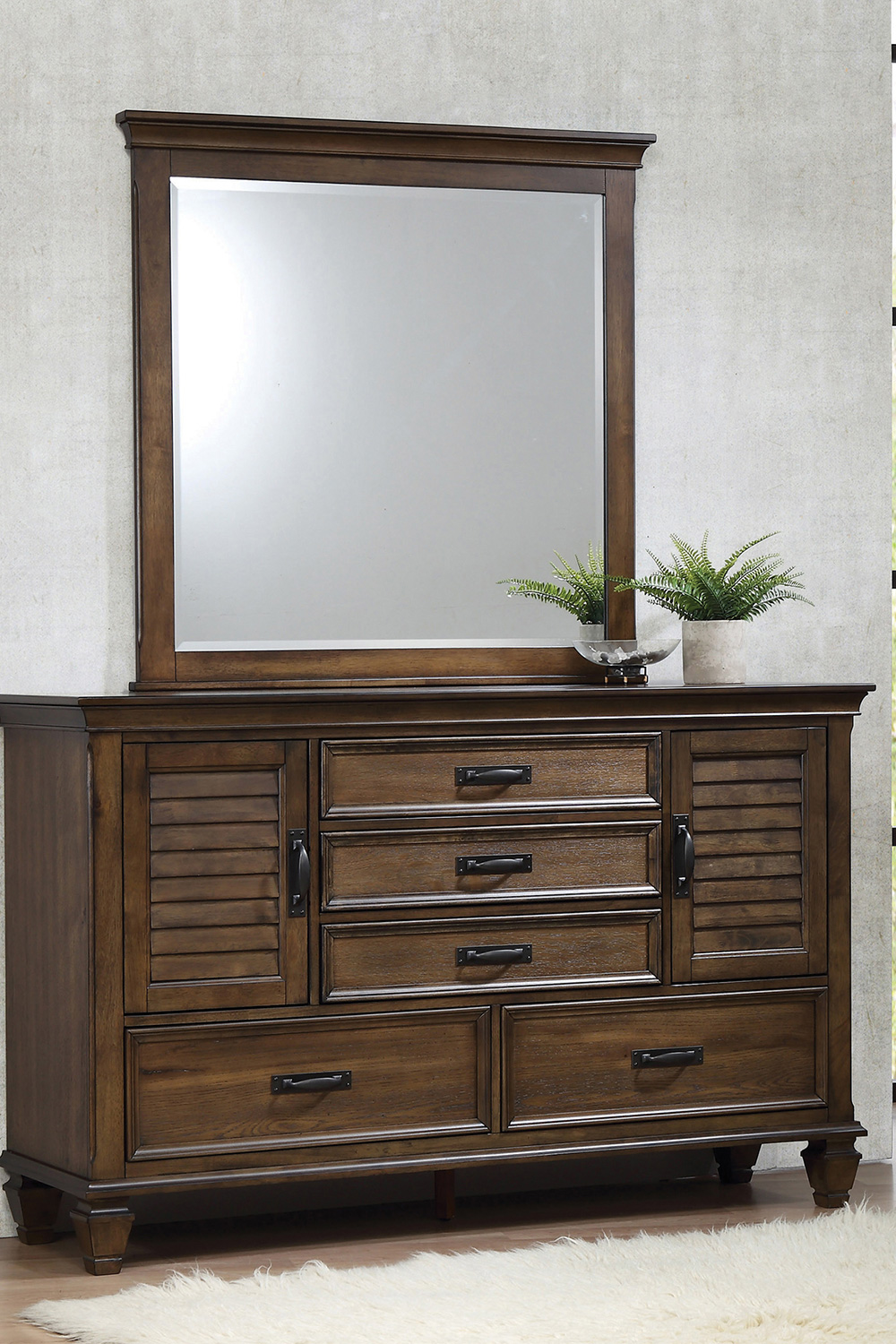 Coaster Franco 5-Drawer Dresser with 2 Louvered Doors - Burnished Oak