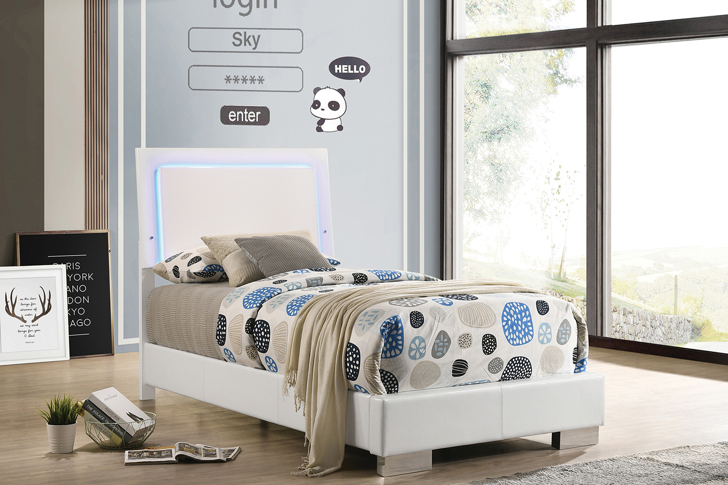 Coaster Felicity Twin Panel Bed with Led Lighting - Glossy White