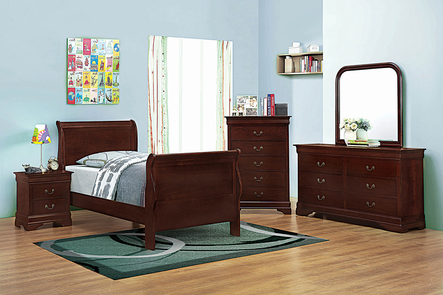 Coaster Santee Louis Philippe Twin Sleigh Panel Bed - Red Brown