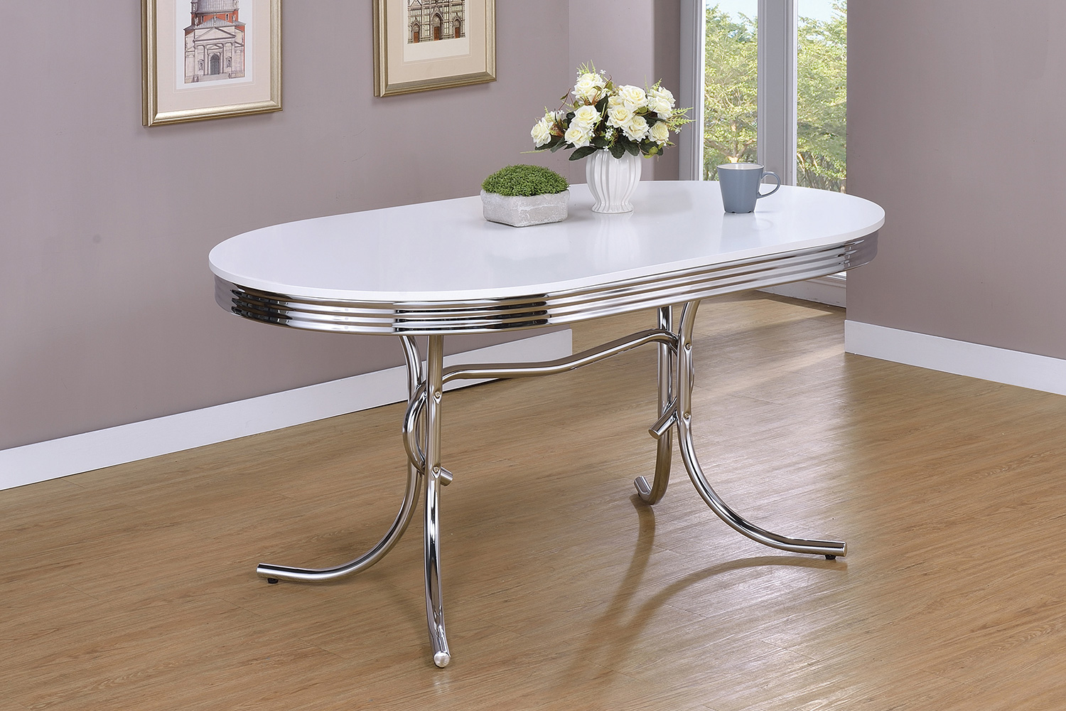 Coaster - Retro Oval Dining Table Glossy in White/Chrome