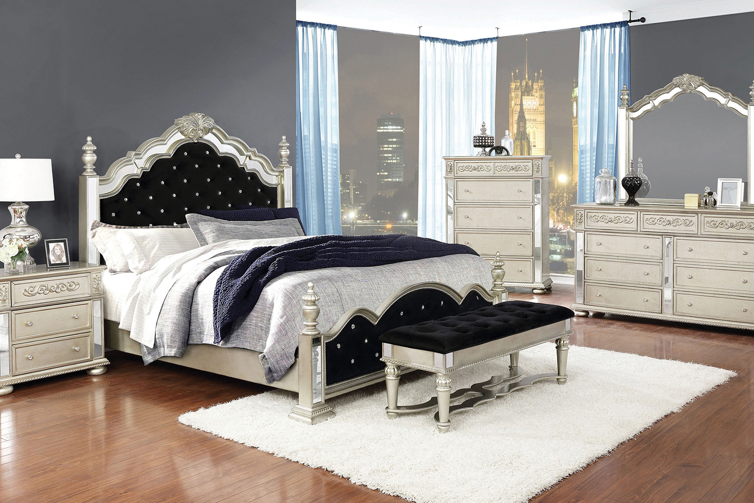 Coaster Heidi Queen Upholstered Poster Bed - Metallic Platinum