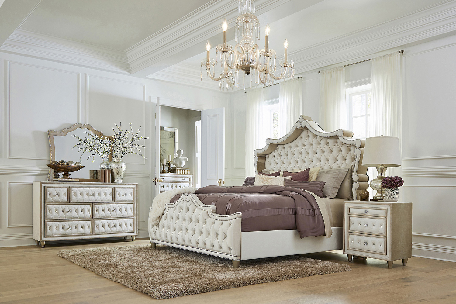 Coaster™ Antonella Upholstered Tufted Eastern King Bed - Ivory/Camel