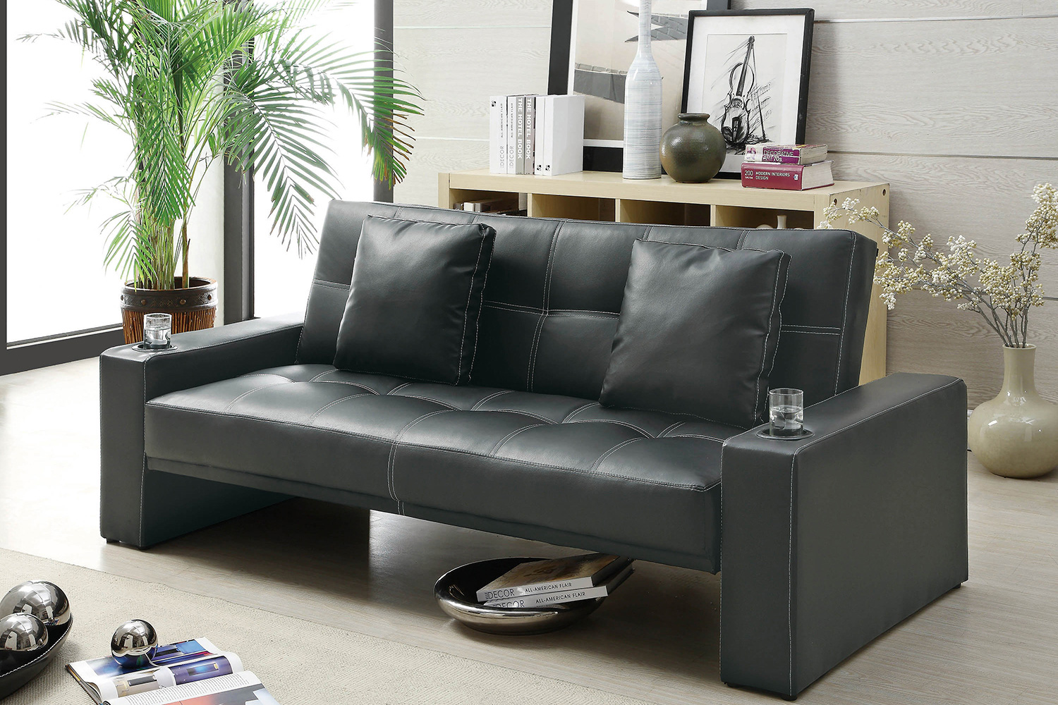 Coaster - Spears Sofa Bed With Cup Holders In Armrests in Black