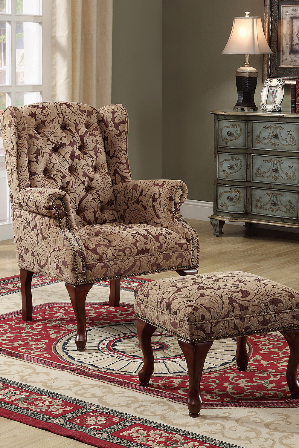 Coaster™ Tufted Back Accent Chair And Ottoman - Light Brown/Burgundy