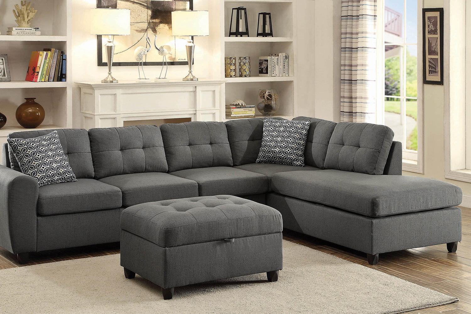 Coaster Stonenesse Upholstered Tufted Sectional With Storage Ottoman - Gray