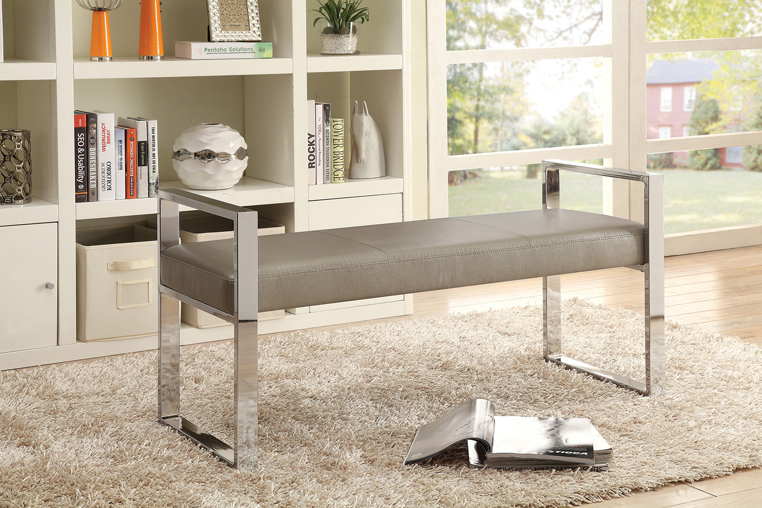 Coaster - Upholstered Bench in Champagne/Chrome