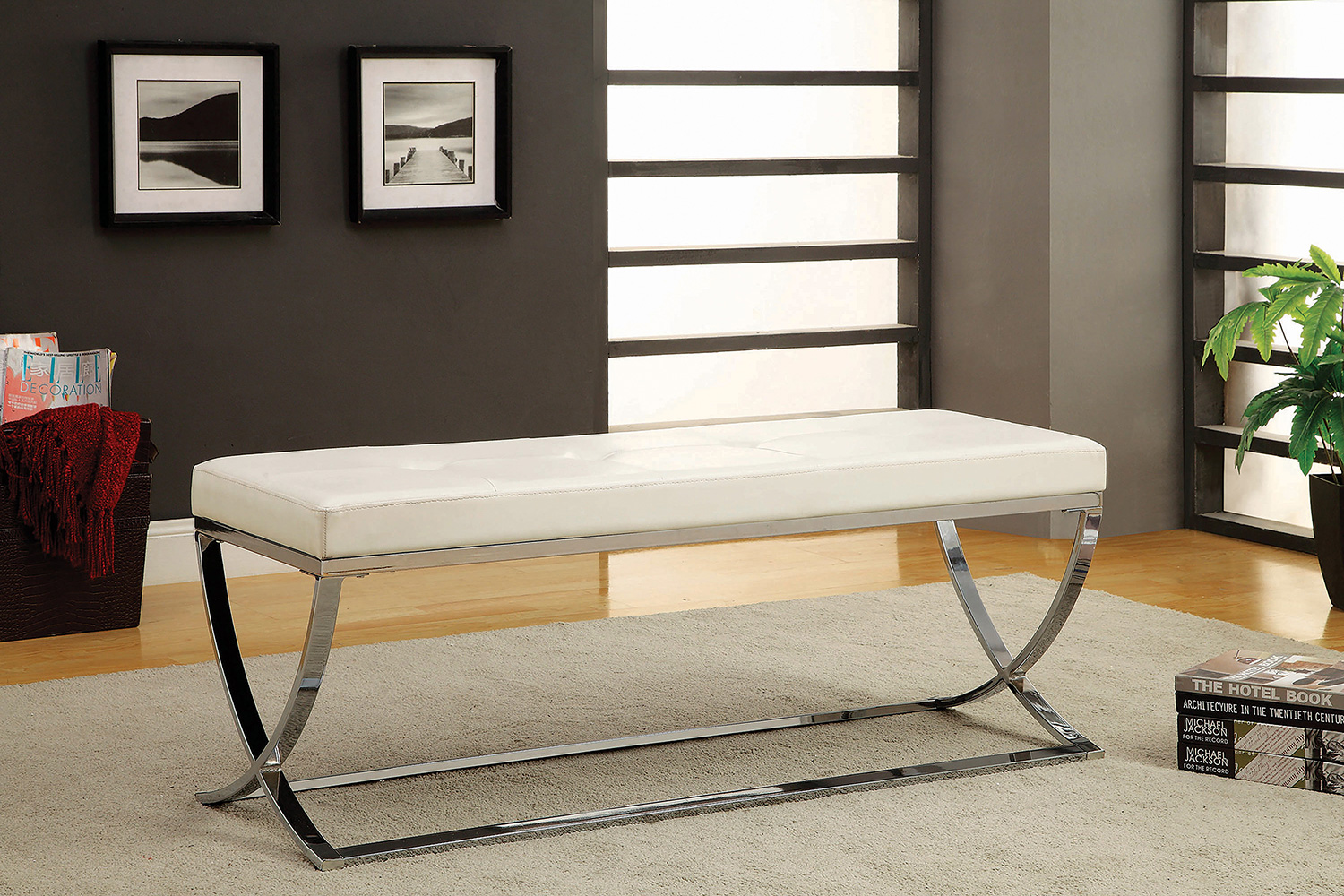 Coaster - Bench With Metal Base in White/Chrome