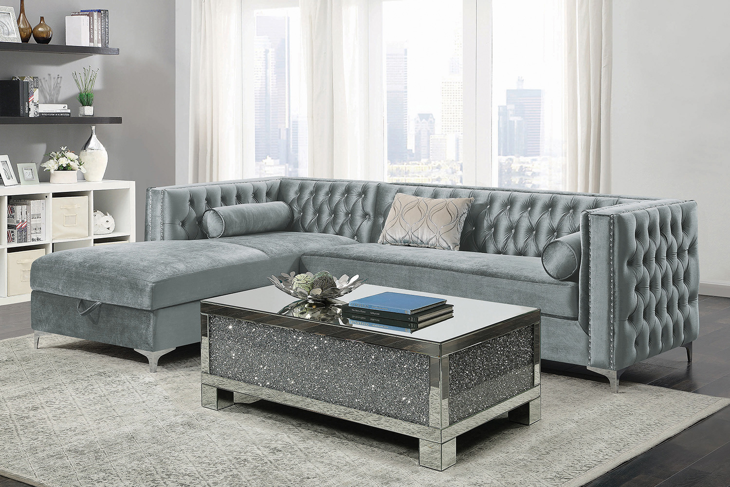 Coaster Bellaire Button-Tufted Upholstered Sectional - Silver