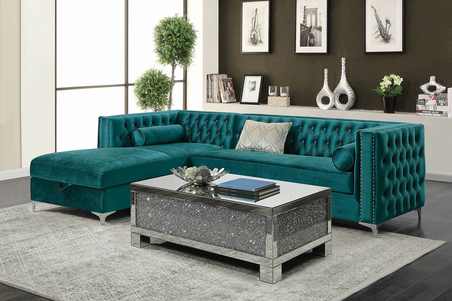 Coaster Bellaire Button-Tufted Upholstered Sectional - Teal