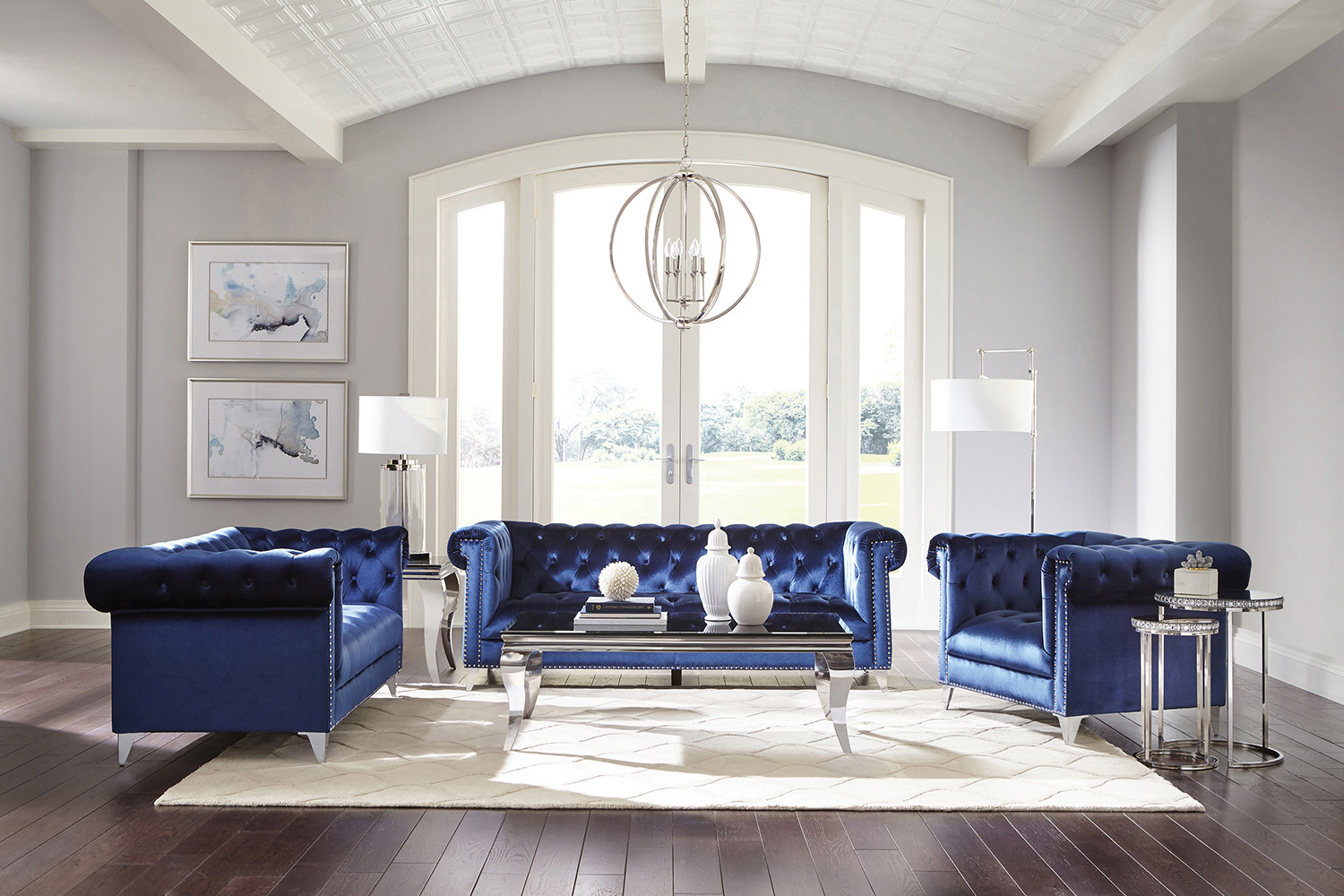 Coaster - Bleker Tufted Tuxedo Arm Sofa in Blue