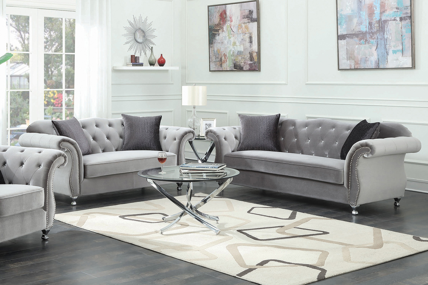 Coaster - Frostine Button Tufted Sofa in Silver