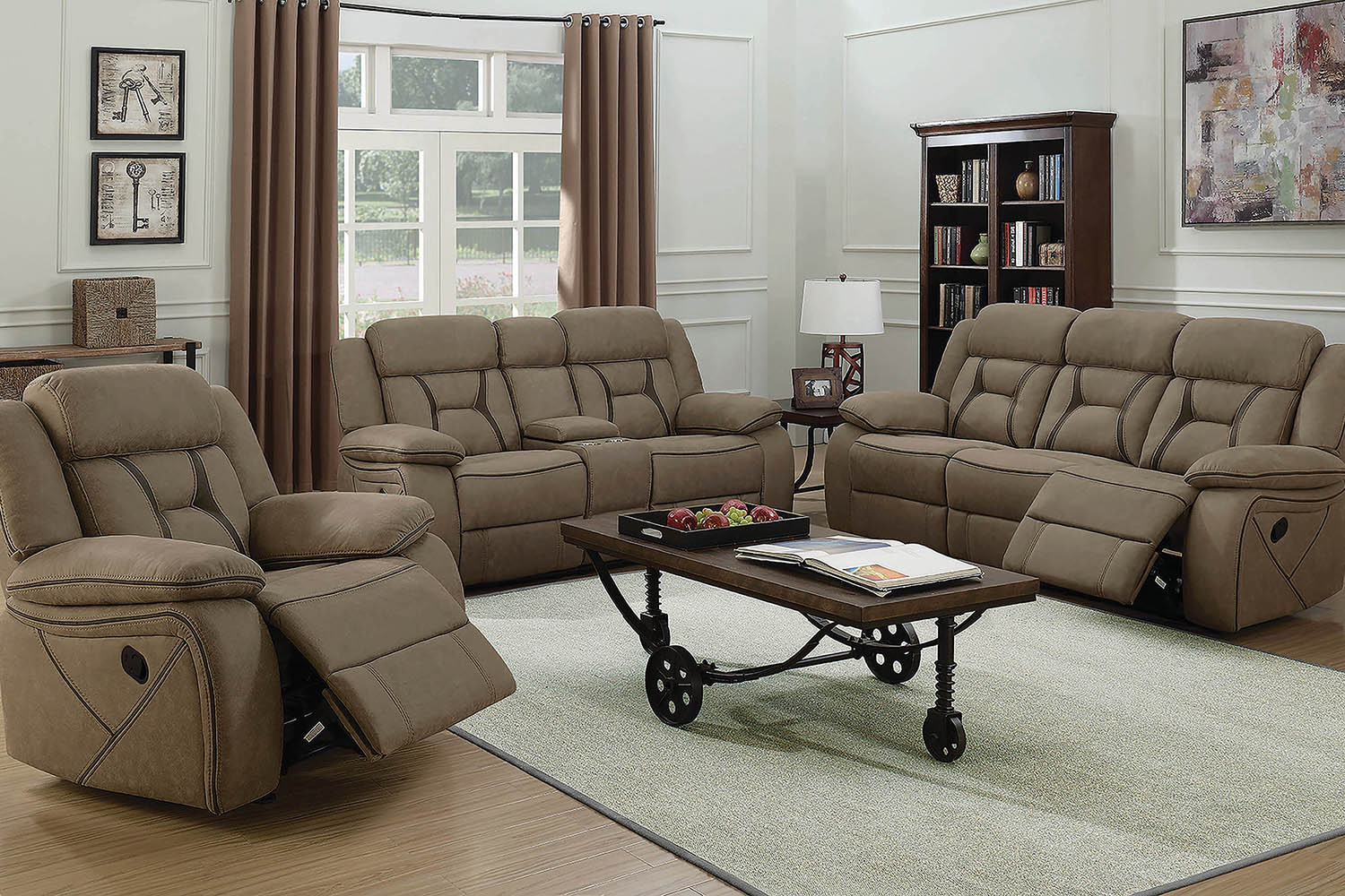 Coaster Higgins Pillow Top Arm Motion Loveseat with Console - Tan