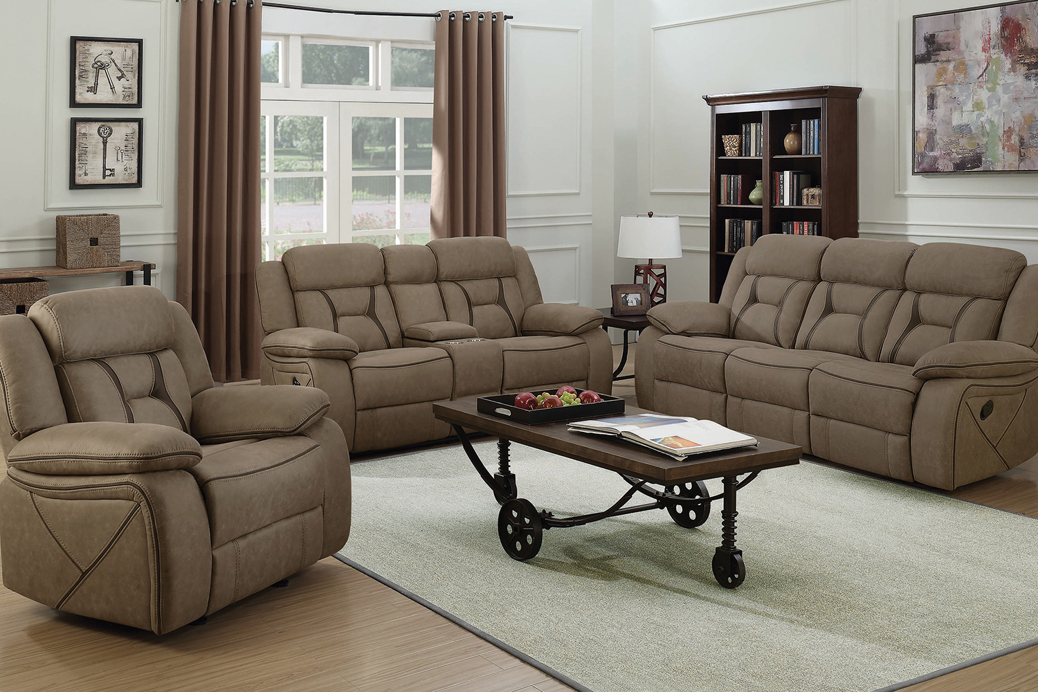 Coaster Higgins Pillow Top Arm Motion Loveseat with Console - Tan