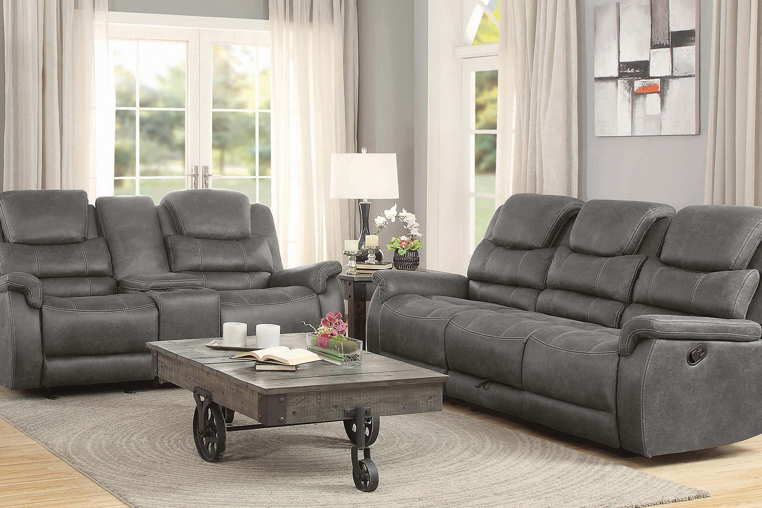 Coaster - Wyatt Upholstered Motion Sofa With Drop-Down Table in Gray