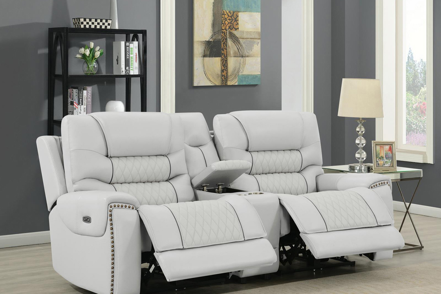 Coaster - Garnet Upholstered Power Reclining Seat And Power Headrest Loveseat With Console in Light Gray