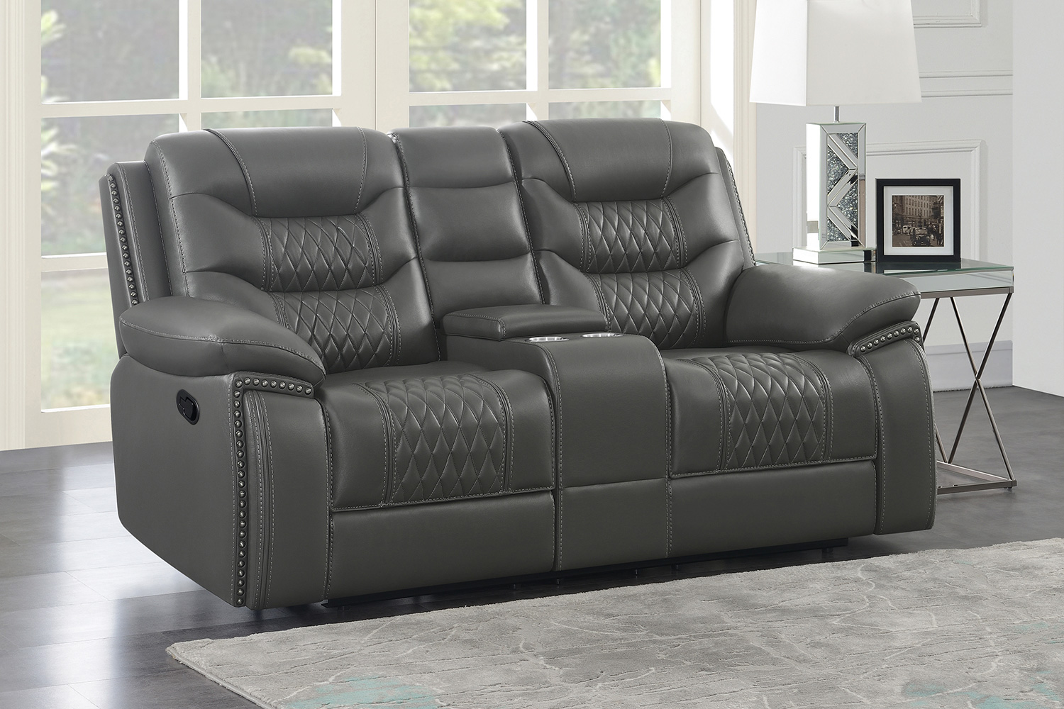 Coaster Flamenco Tufted Upholstered Motion Loveseat with Console - Charcoal