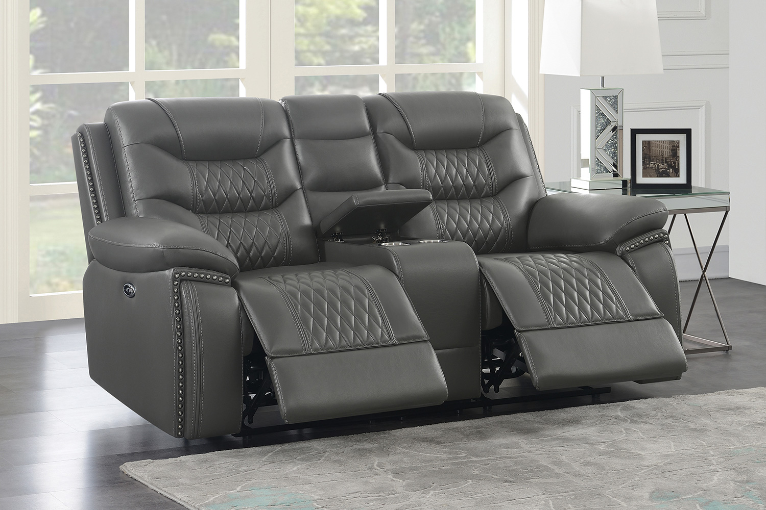 Coaster Flamenco Tufted Upholstered Motion Loveseat with Console - Charcoal