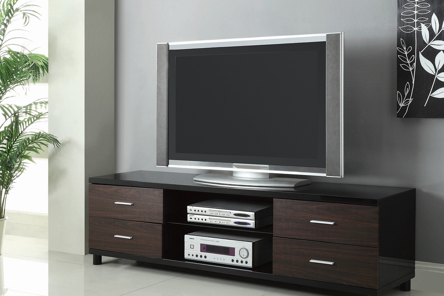 Coaster - 4-Drawer TV Console in Glossy Black/Walnut