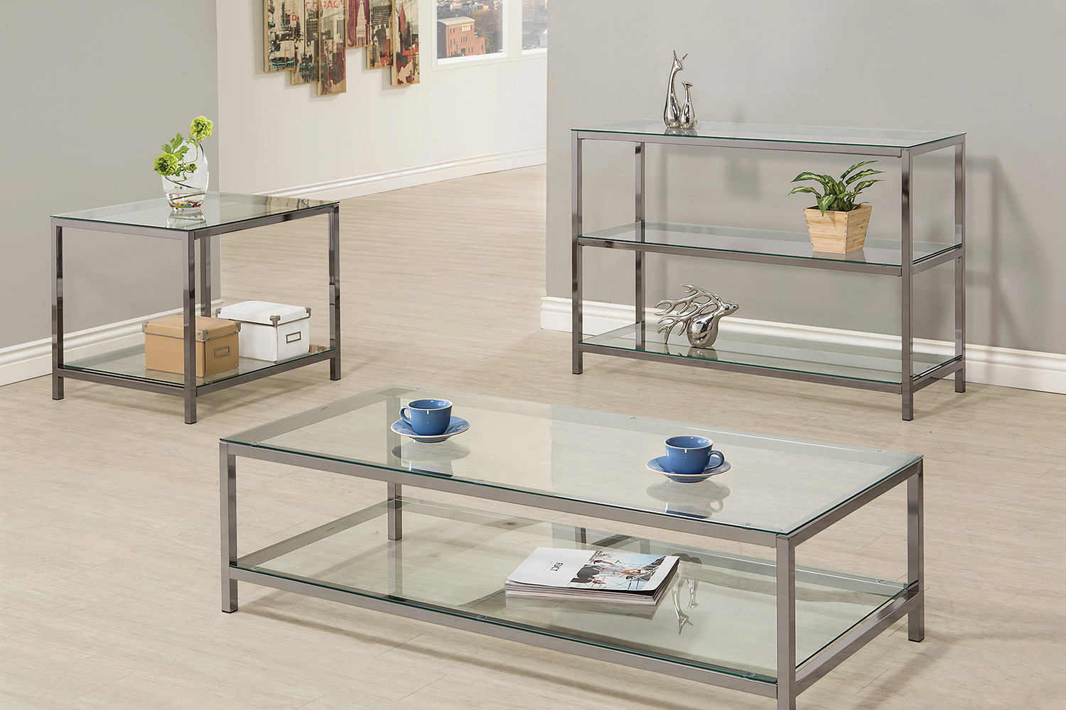 Coaster - Ontario Coffee Table With Glass Shelf in Black Nickel