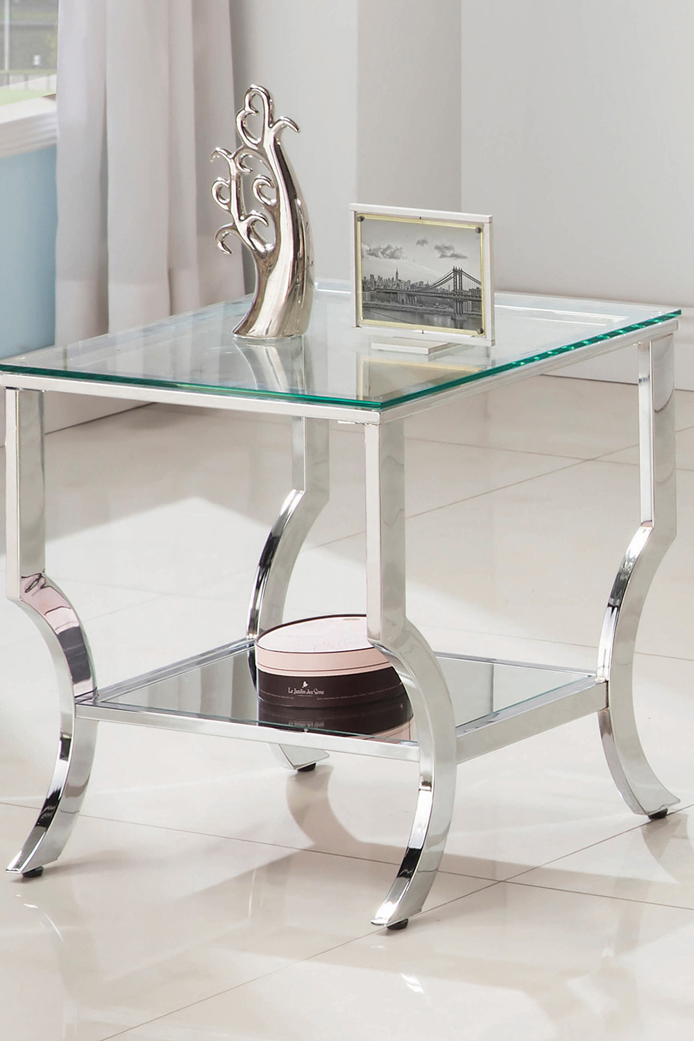 Coaster - Square End Table With Mirrored Shelf in Chrome